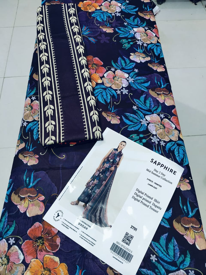 Cobalt Bloom – 3PC Unstitched Lawn Suit (Sapphire Vol 2)